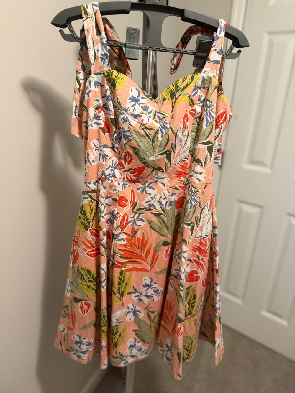 entro Peach Floral Mini Dress with Green & Coral Leaves